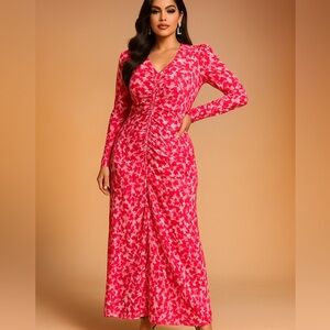 Calvin Klein Ruched Maxi Dress – Pink & White Abstract Print – Size 6